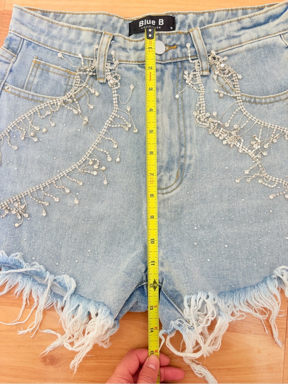 Crystal-Embellished Light Blue Denim Fringe Shorts - Picture 6 of 6